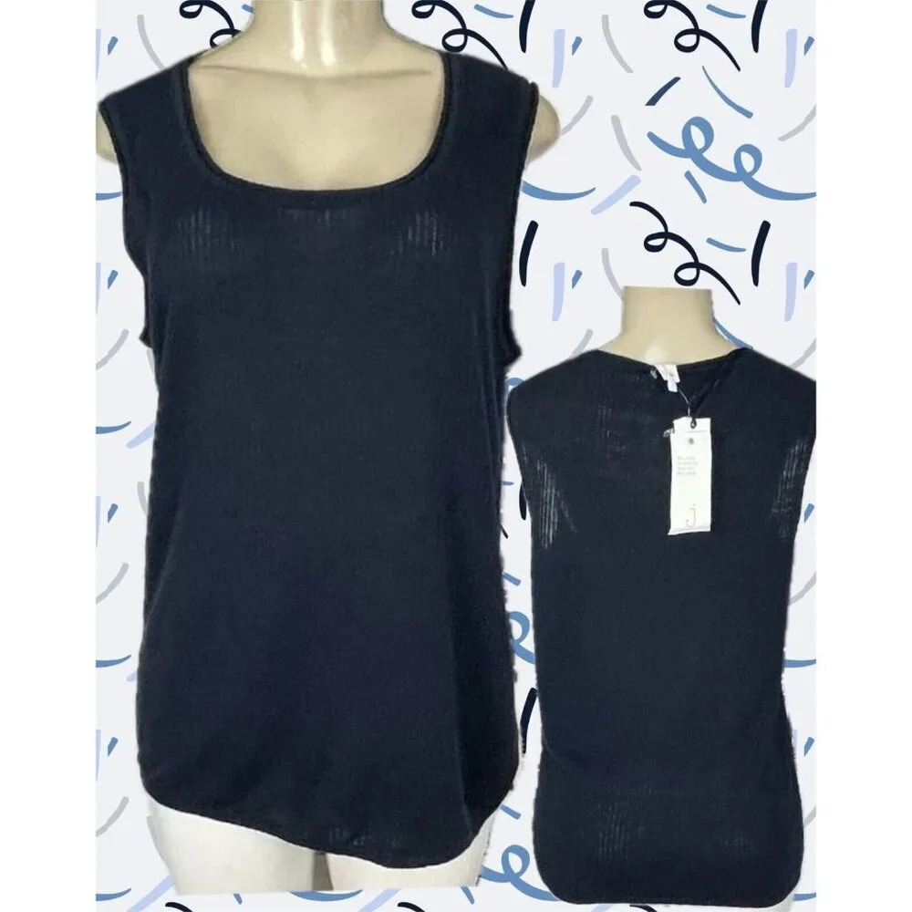 Jones New York L Navy Blue Scoop Neckline Ribbed Trim Linen Rayon Sleeveless Top - Picture 1 of 6